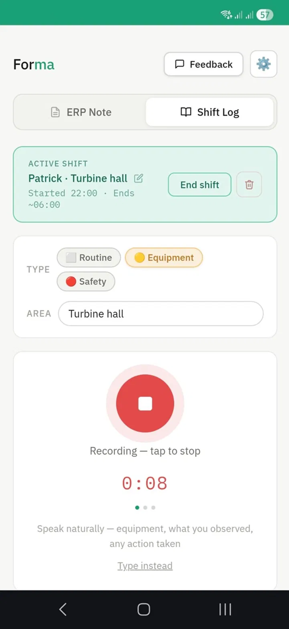 Forma recording screen — operator logging an observation by voice