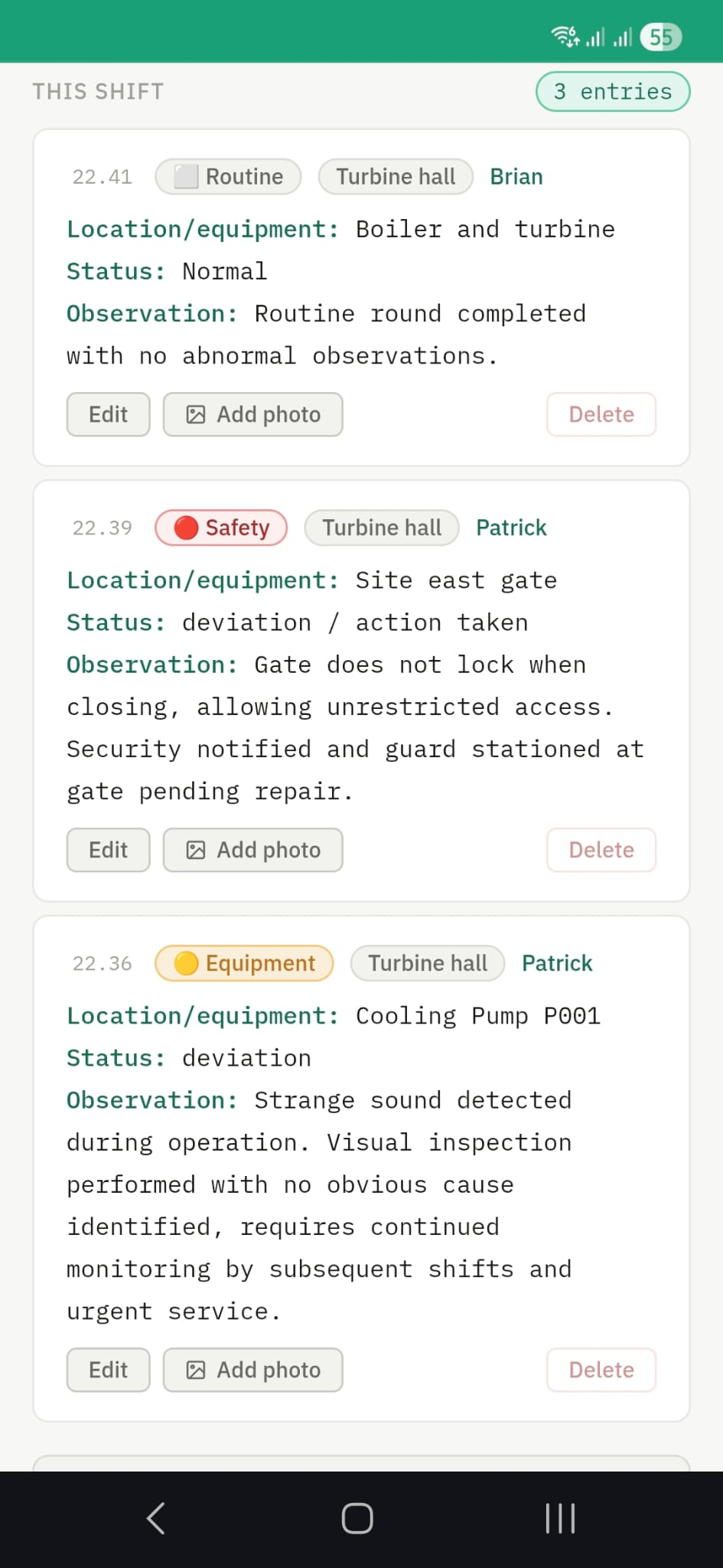 Forma shift log — structured entries from multiple operators