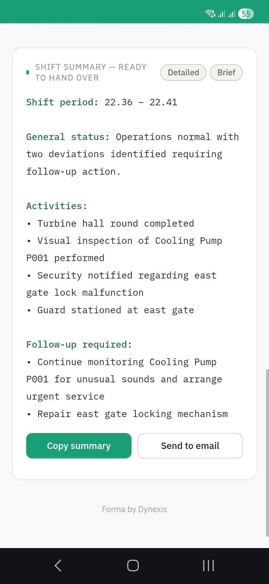 Forma shift summary — ready for handover